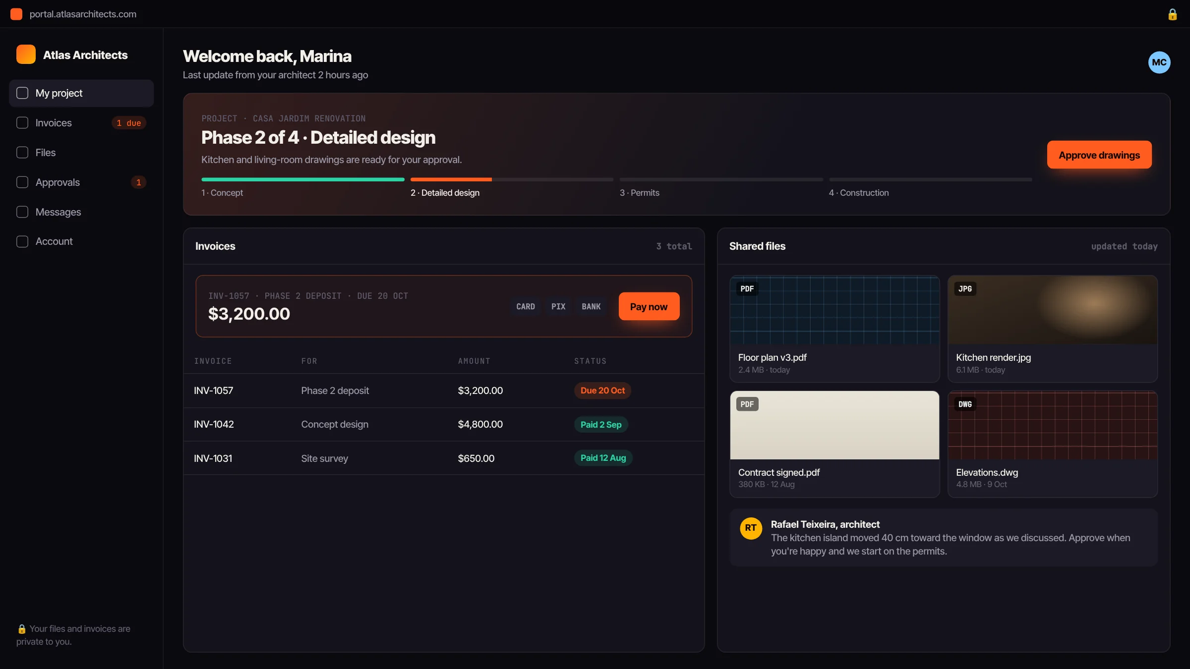 Client portal with invoices and payments, example screen