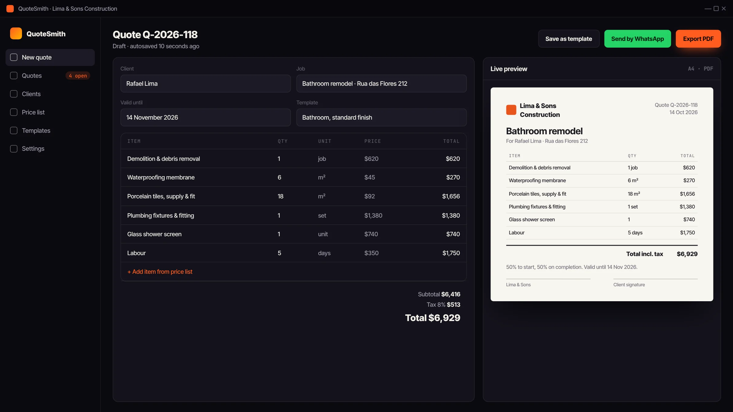Quote builder with PDF export, example screen